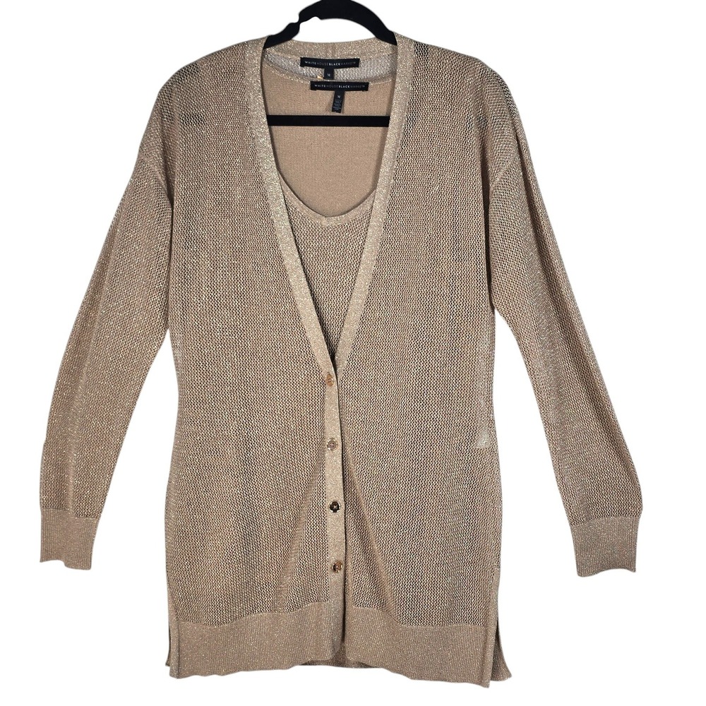 White House Black Market Metallic Beige Knit Cardigan with Shell